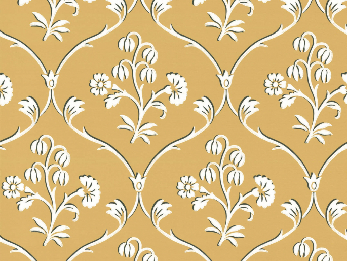 Cranford - Wheat behang van Little Greene in de kleur Okergeel met witte krullen en bloemen
