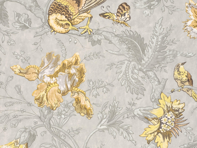 Little Greene behang Crowe Hall Lane - Gilt met gele vogels en bloemen