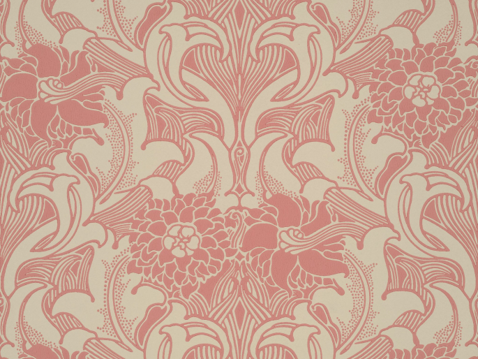 Dahlia Scroll - Carmine behang van Little Greene met grote roze bloemen met krullen
