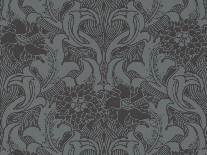 Little Greene behang met rijke versiering van bloemen en krullen in het diepblauw Dahlia Scroll - Etruria