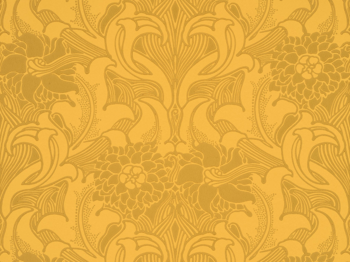 Sierlijk behang Dahlia Scroll - Giallo van Little Greene met een diep gele kleur met bloemen 