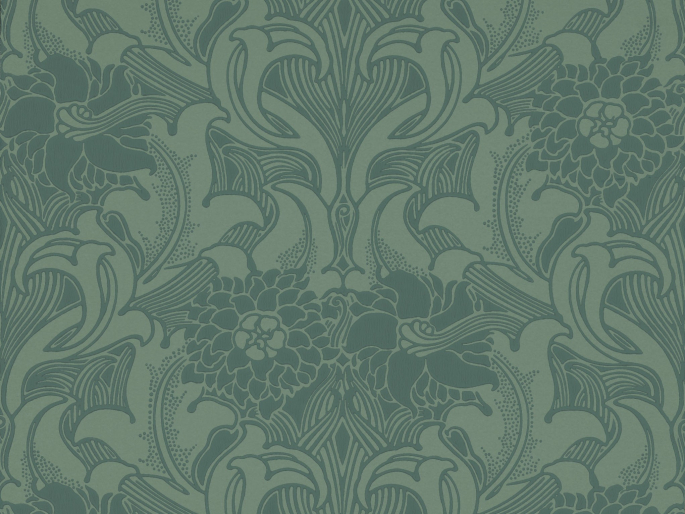 Een diep blauw groen behang met verschillende bloemen Dahlia Scroll - Tea With Florence