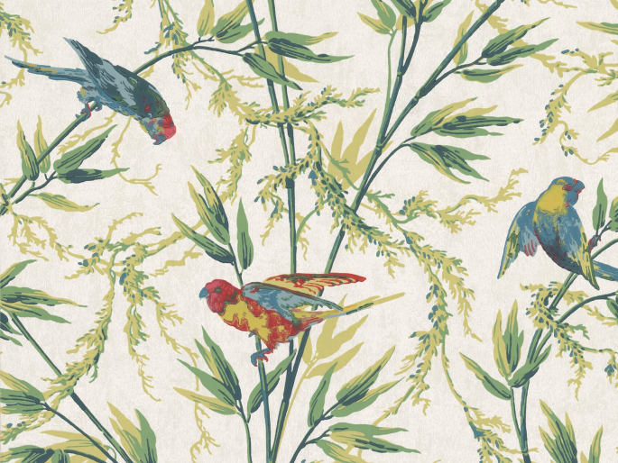 Little Greene Great Ormond Street - Tropical behang met kleine gekleurde vogels en sierlijke grassen