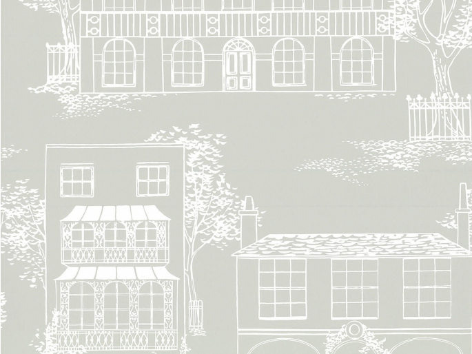 Grijs behang met getekende grote huizen met witte lijnen Hampstead - Cool Grey