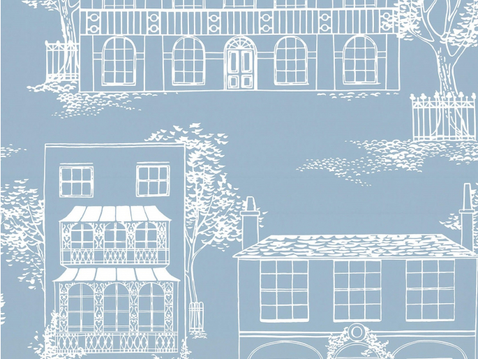 Hampstead - James Blue behang van Little Greene met een blauwe achtergrond en witte huizen