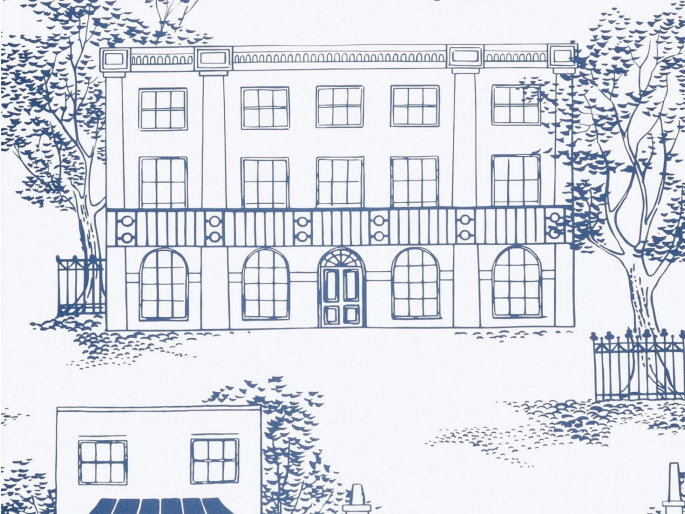Wit/blauw behang Hampstead - Mid Blue met huizen die gekend zijn