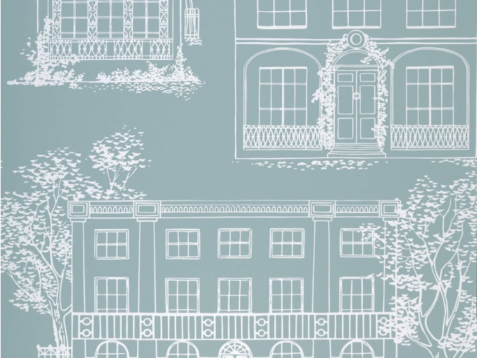 Hampstead - Penumbra is een behang met blauw/groene kleur en tekeningen van verschillende stijlen huizen in het wit
