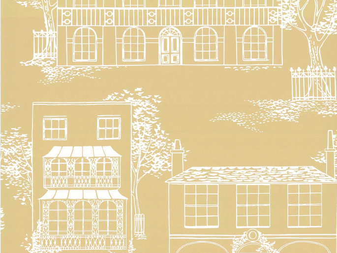 Geel behang Hampstead - Yellow Apple met tekeningen van witte landhuizen 