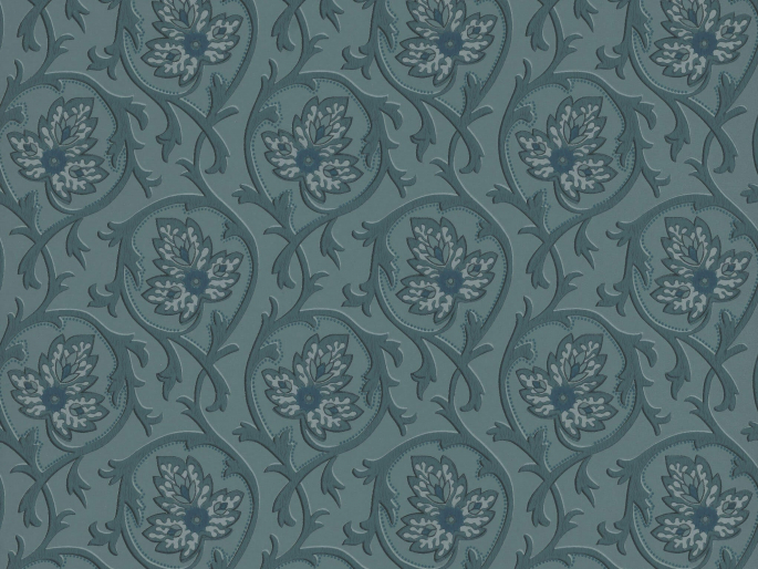 Hoja - Air Force Blue behnag van Little Greene met sierlijke krullen en bloemen