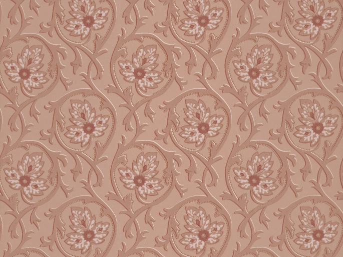 Roze behang van Little Greene met een patroen van sierlijke krullen en grote bladeren Hoja - Hellebore