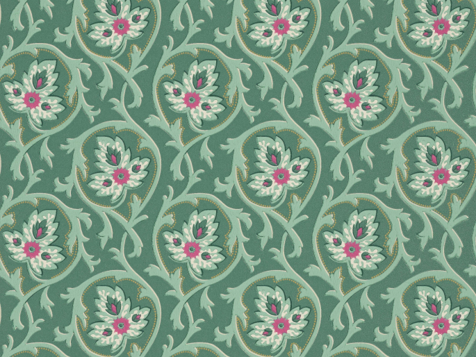 Behang met een groen/blauw kleur en een patroon van krullen en bloemen met kleine fel roze accenten Hoja - Pleat