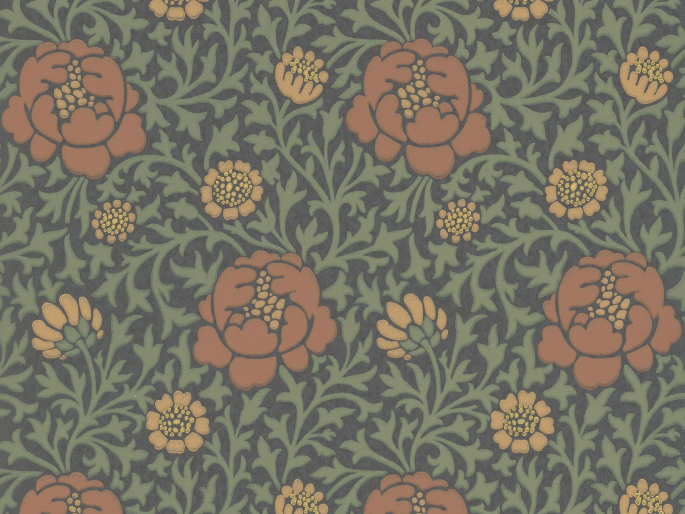 Donker behang met groene bladeren en oranje bloemen Lansdowne Walk - Ash van Little Greene