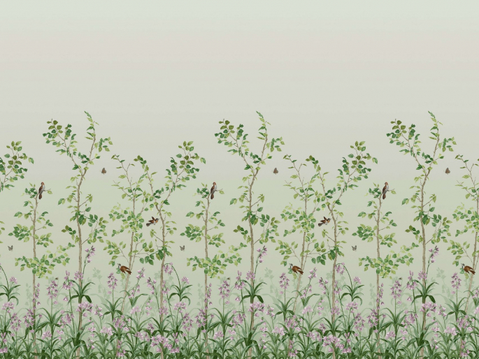 Bird & Bluebell - Pea Green van Little Greene met vogels, bomen en bloemen