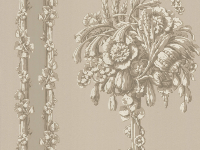 Taupe behang Chelsea Bridge - Medal van Little Greene met een herhalend patroon van bloemen en bladeren