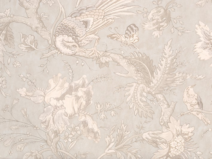 Beige behang met beige vogels en bloemen Crowe Hall Lane - Talcum van Little Greene