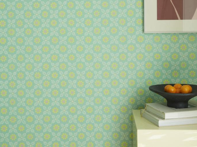 Ditsy Block - Green Verditer behang van Little Greene op de muur