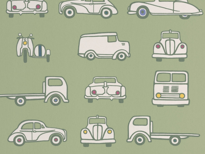 Groen Little Greene behang Road Trip Pea Green met een scooter, auto en vrachtwagen