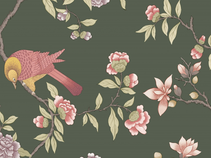 Little Greene Aderyn - Olive Colour behang met roze vogels en bloemen