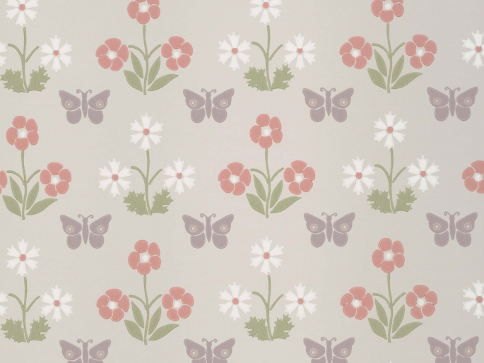 Beige behang met paarse vlinder en rode/roze bloemen Burges Butterfly - French Grey van Little Greene