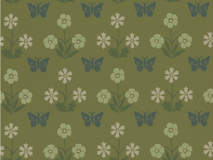 Groen vlinderbehang Burges Butterfly - Garden met donkerblauwe vlinder en groen/witte bloemen van Little Greene