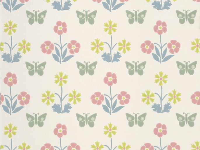 Beige behang Burges Butterfly - Slaked Lime met groene vlinders en kleurrijke bloemen van roze, geel en blauw